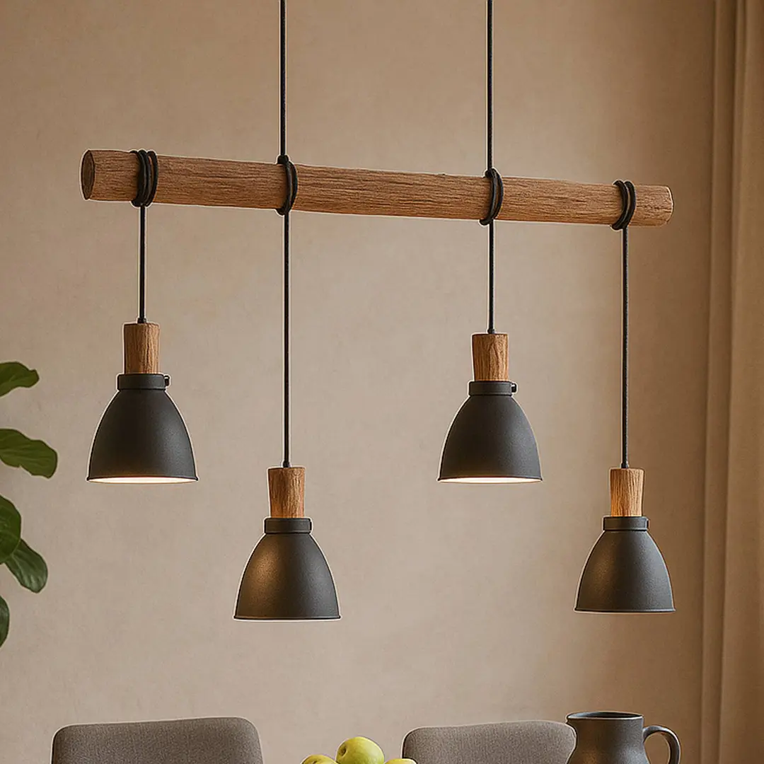 Lindby Hängeleuchte Trebale, 4-flg., schwarz, Holz/Metall