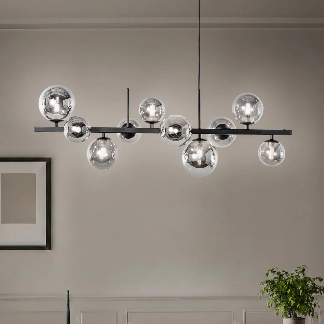 Domiluce Hängeleuchte Rumba, schwarz/rauchgrau, Glas/Metall, 10-flg.