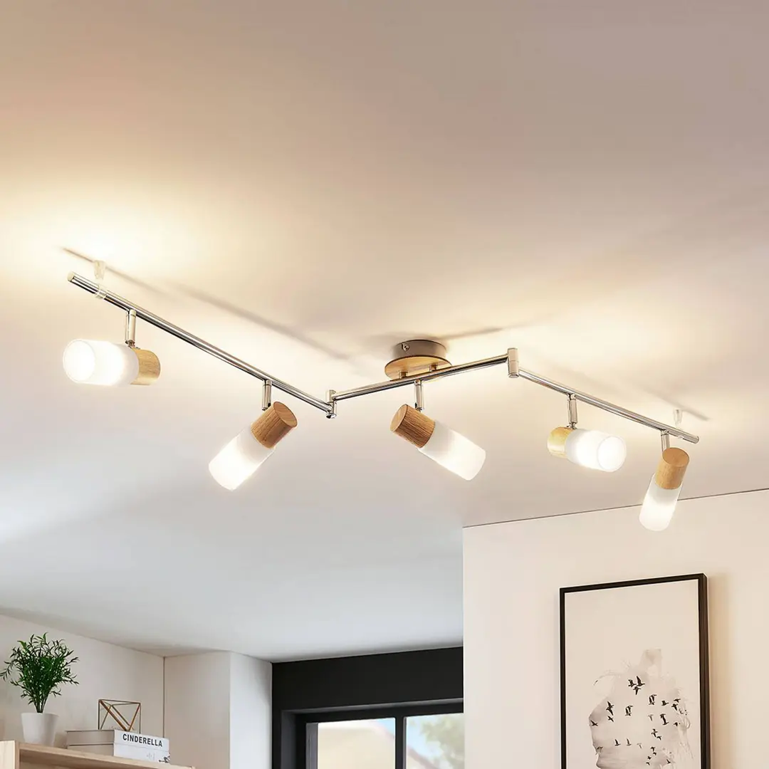 Lindby Deckenstrahler Christoph, 130 cm, 5-flg., Holz, Glas