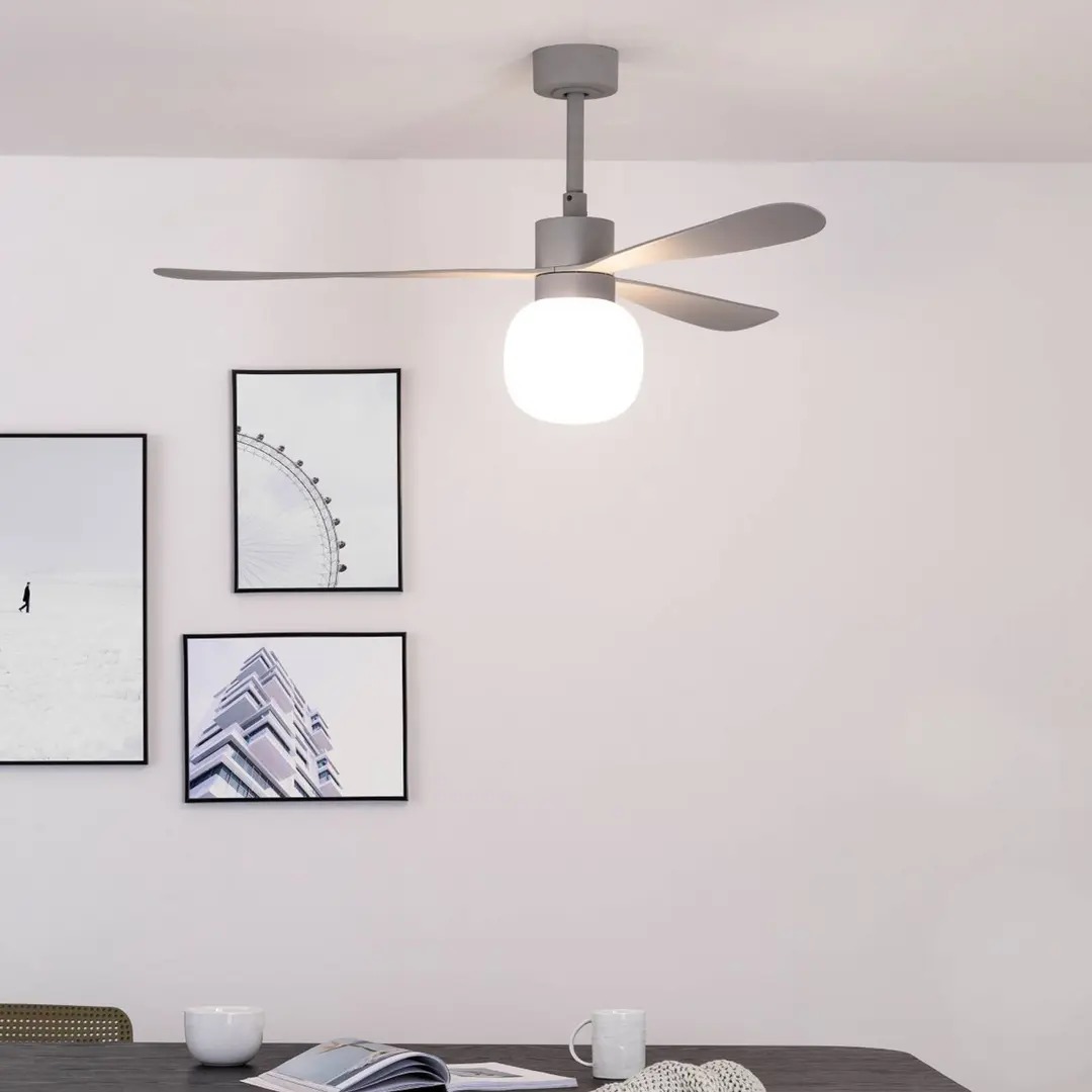 FARO BARCELONA LED-Deckenventilator Amelia Ball L, grau, DC, leise, 132 cm