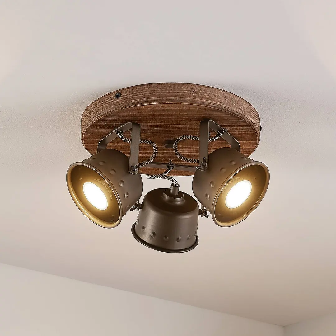 Lindby Deckenstrahler Rubinjo, Ø 31 cm, 3-flg., Holz, GU10
