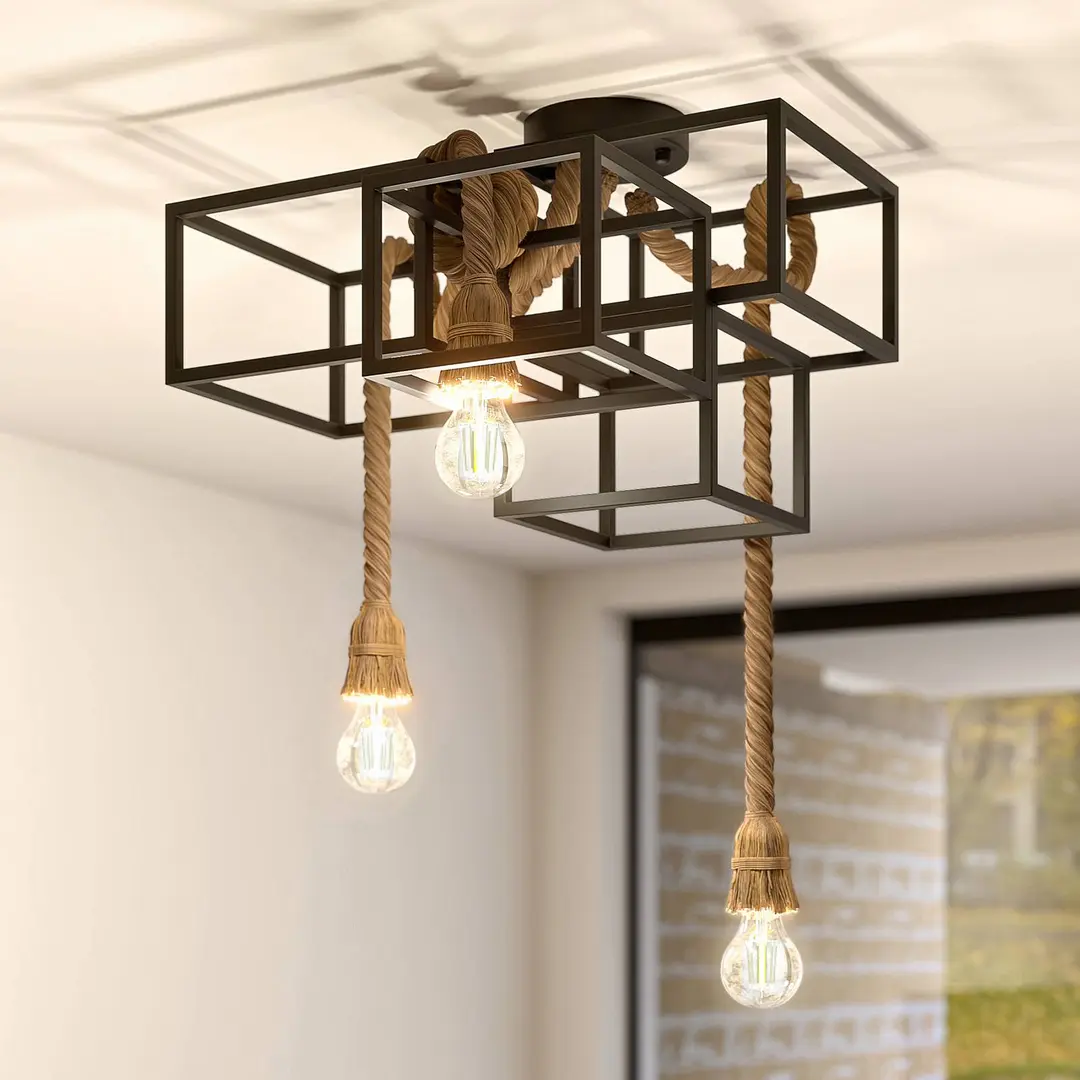Lucande Deckenleuchte Andrik, 44 cm, 3-fl., Hanfseil, Metall