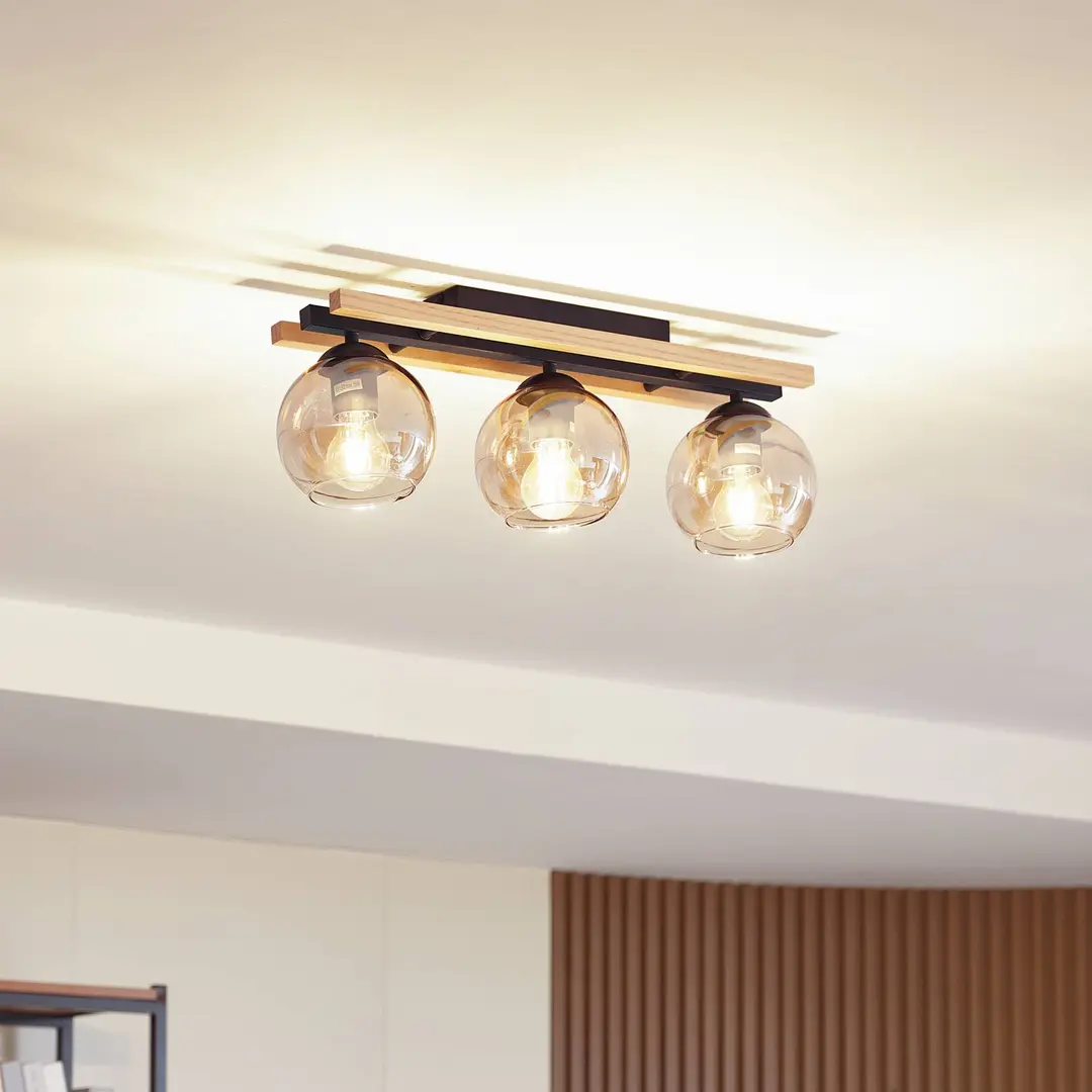 Lindby Deckenlampe Enrique, amber, 3-flg., Glas, Holz, E27