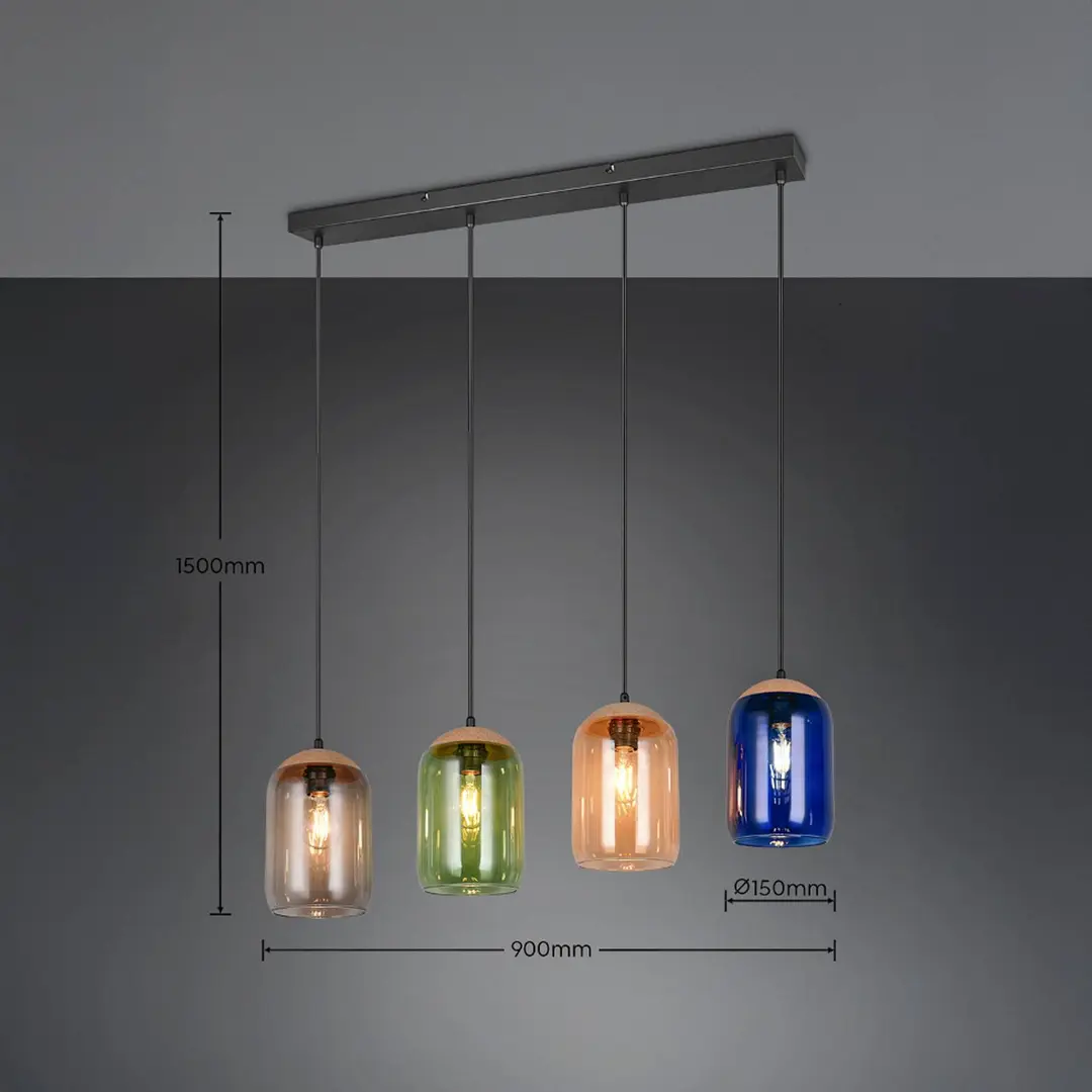 Trio Lighting Hängeleuchte Cork, multicolor, Länge 90 cm, 4-flg. Glas/Kork