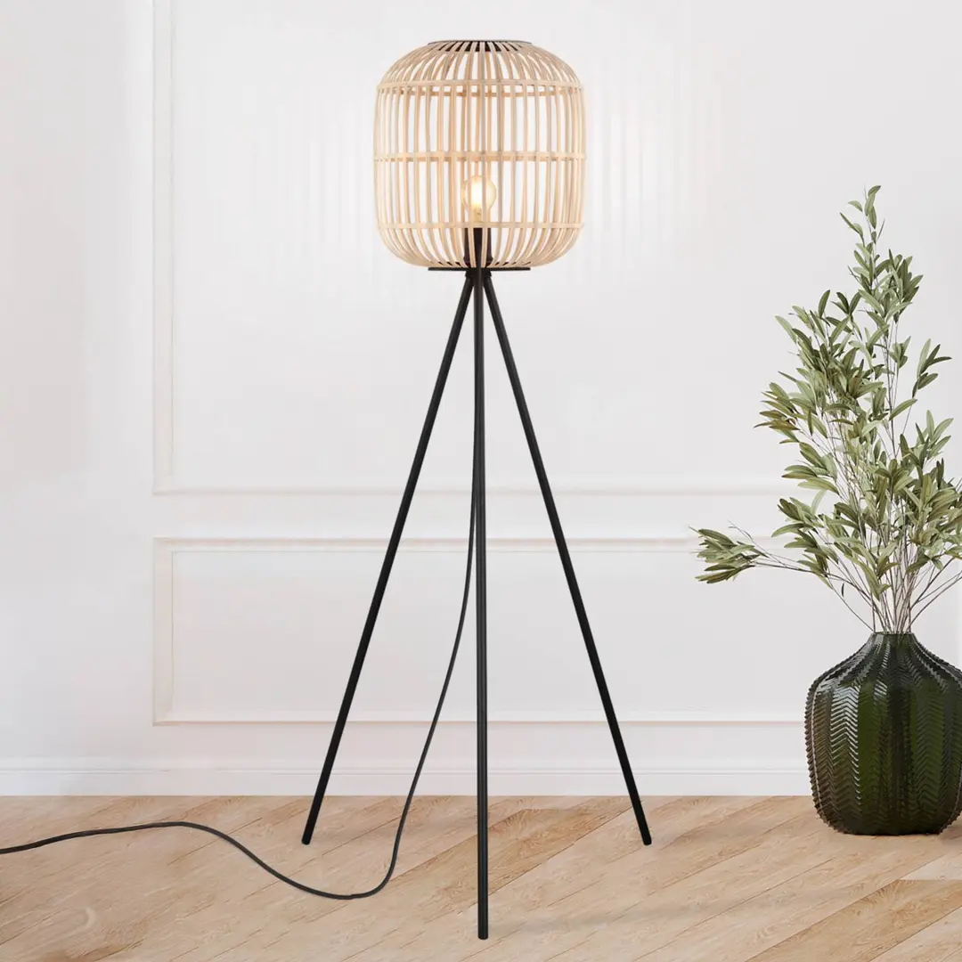 EGLO Stehlampe Bordesley Dreibein mit Holzschirm