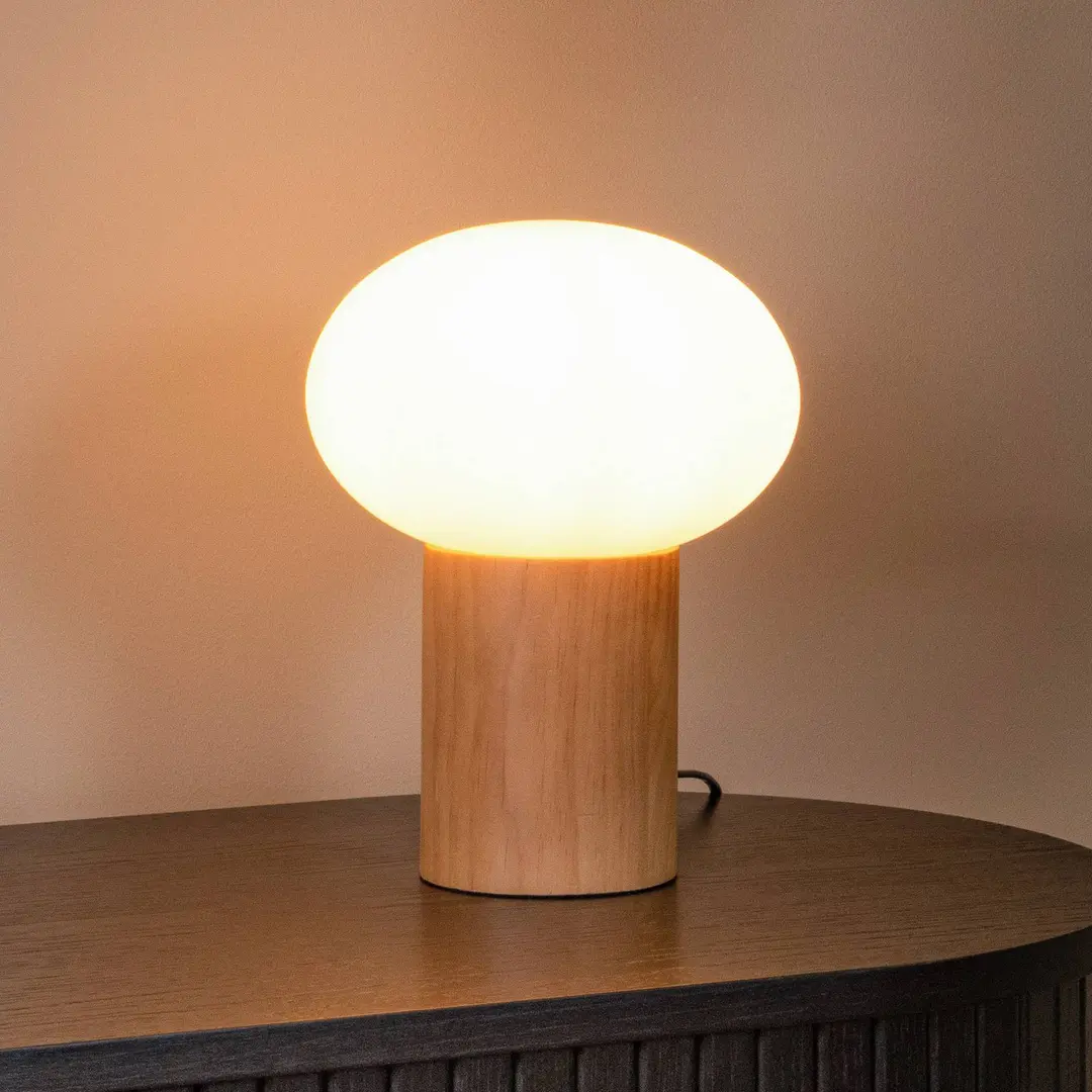 Lucide Tischleuchte Birtle, Höhe 23 cm, weiß/holz hell, Holz/Glas