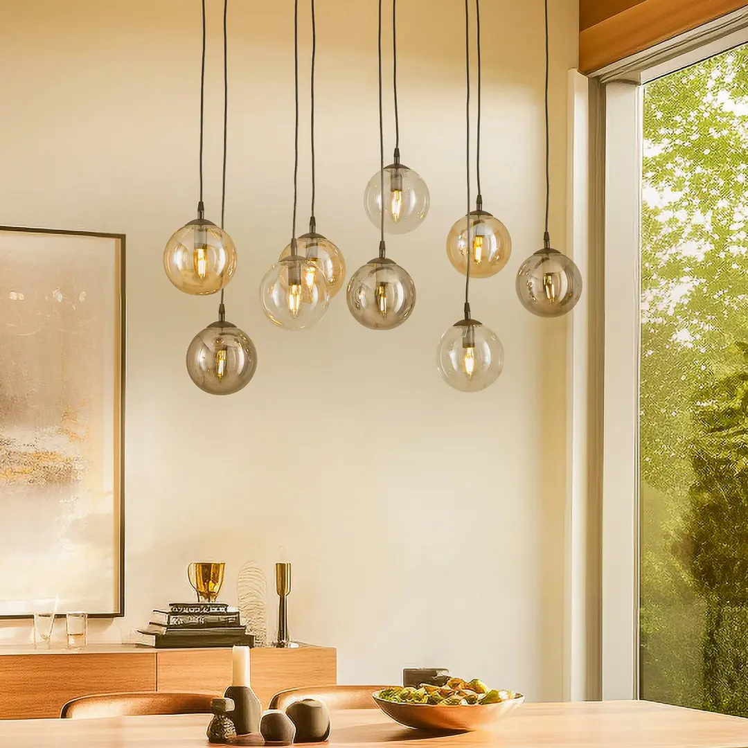 EMIBIG LIGHTING Hängeleuchte Glassy, 9-flg., schwarz, grafit/amber/klar, E14
