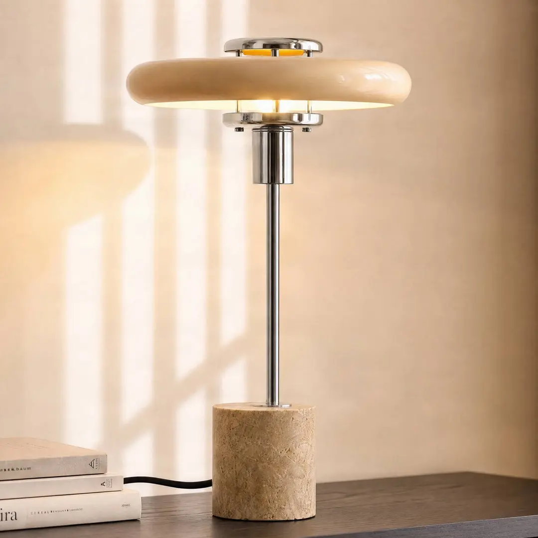 Lindby Tischleuchte Branford, Retro, beige, Metall/Travertin