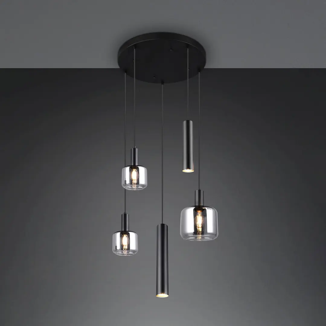 Trio Lighting Hängelampe Mataro, chrom/schwarz, Ø 55 cm 5-flg. Glas/Metall