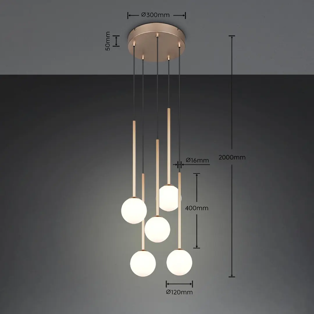 Trio Lighting Hängelampe Firano, goldfarben, Ø 36 cm, Metall, 5-flg.