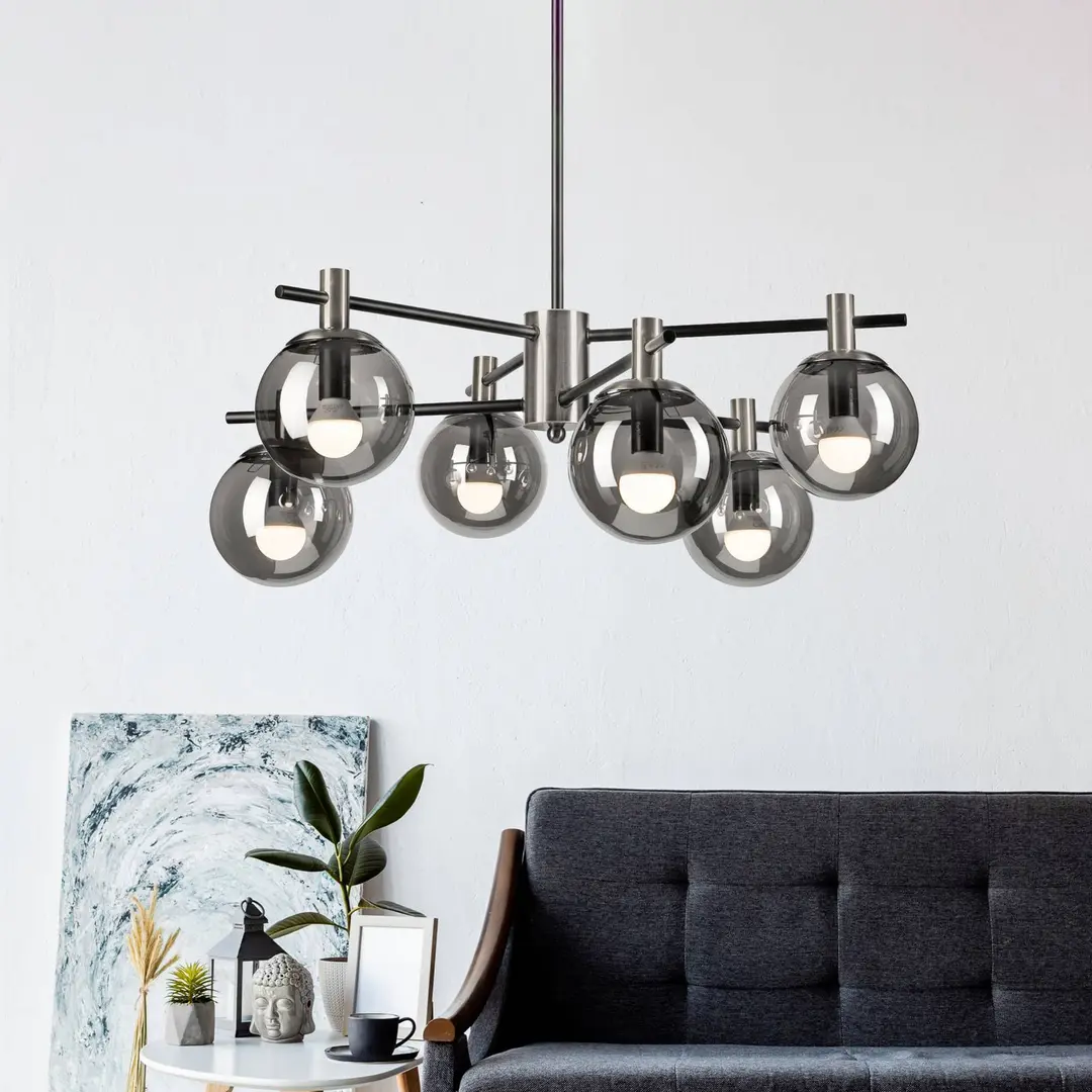 Lamkur Deckenlampe Lilou, Ø 53cm, rauchgrau, Glas/Metall, 6-flg.