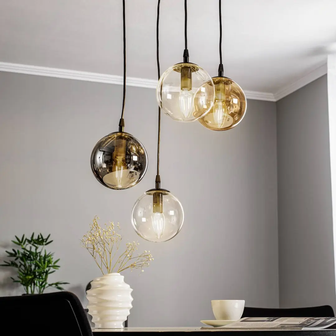EMIBIG LIGHTING Hängeleuchte Glassy, 4-flg., schwarz, grafit/amber/klar, E14