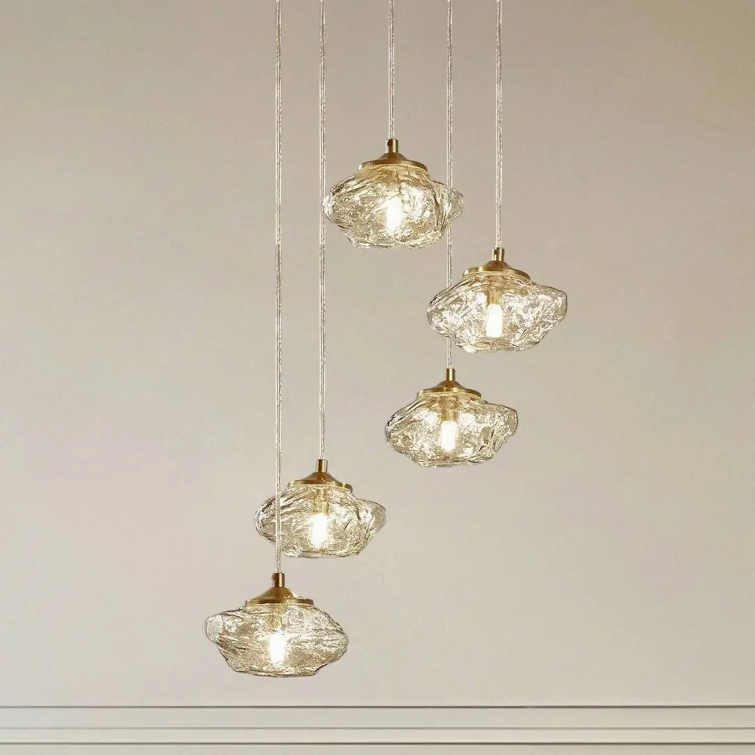 Lindby Hängelampe Piatra, Ø45cm, 5-flg, amber/messing, Glas