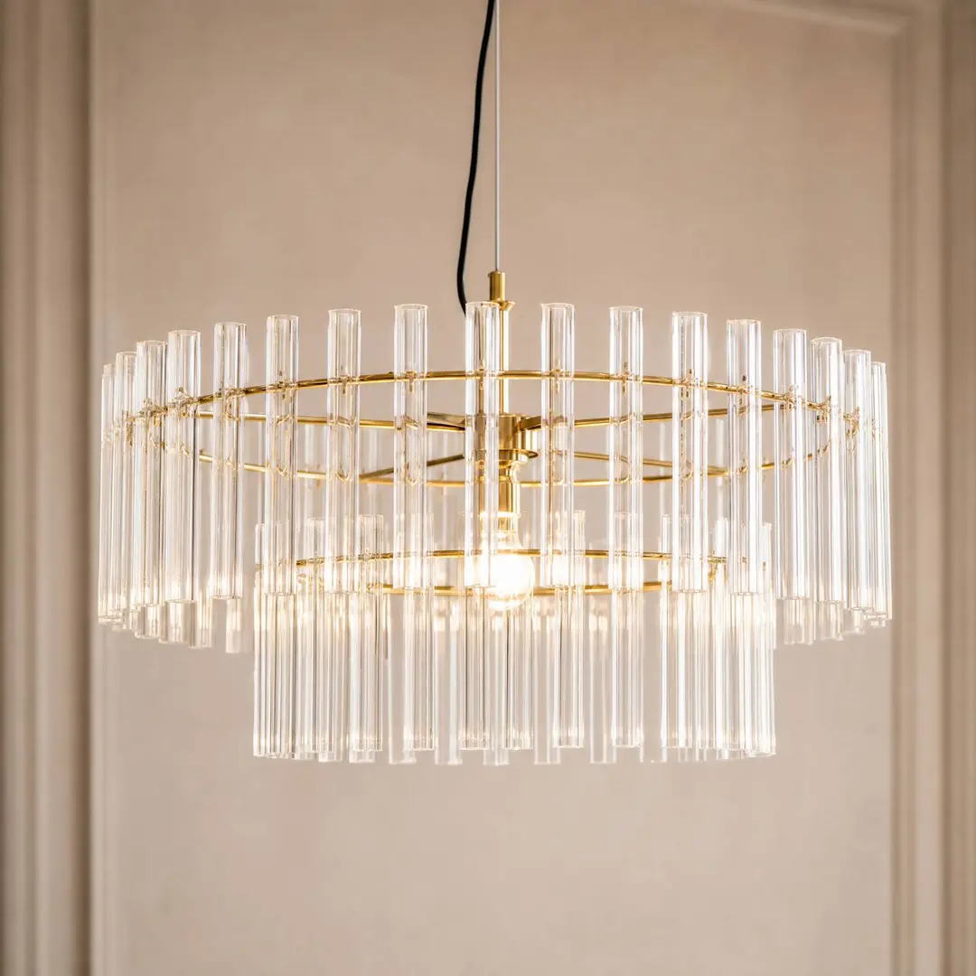 Lucande Hängeleuchte Leanna, klar/messing, Ø 54 cm, Glas