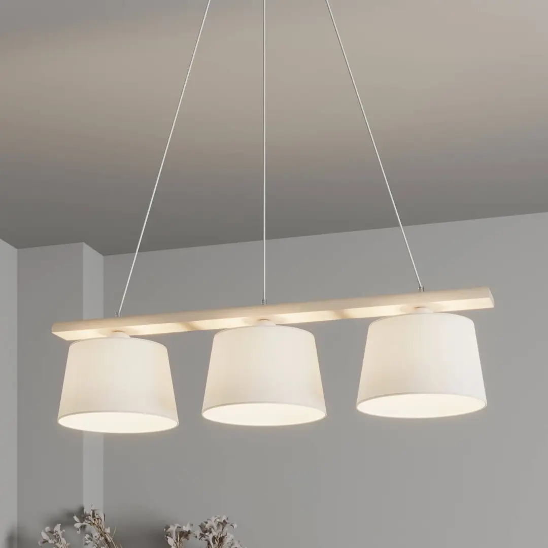 Lamkur Hängelampe Sweden, altweiß/weiß, Textil, Holz, 3-flammig