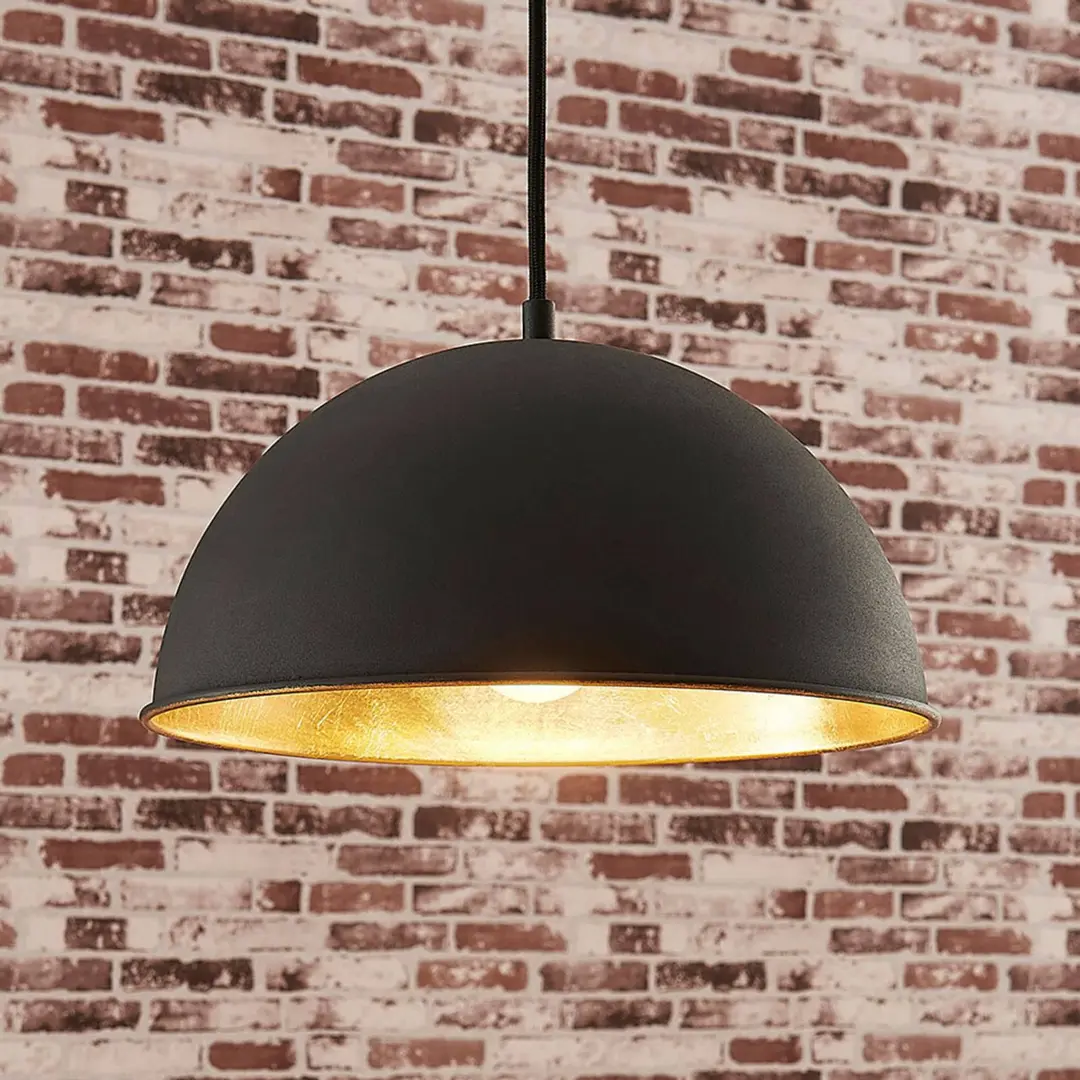 Lindby Hängeleuchte Leya, schwarz/gold, Metall, Ø 30 cm, E27
