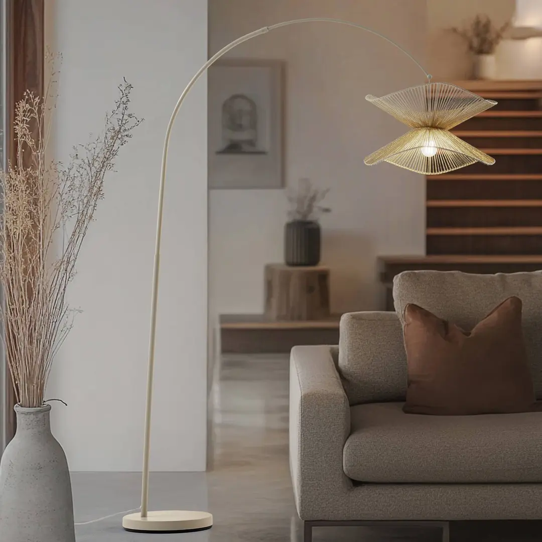 Lindby Bogenleuchte Valdorin, beige, Papier, 195 cm, IP20