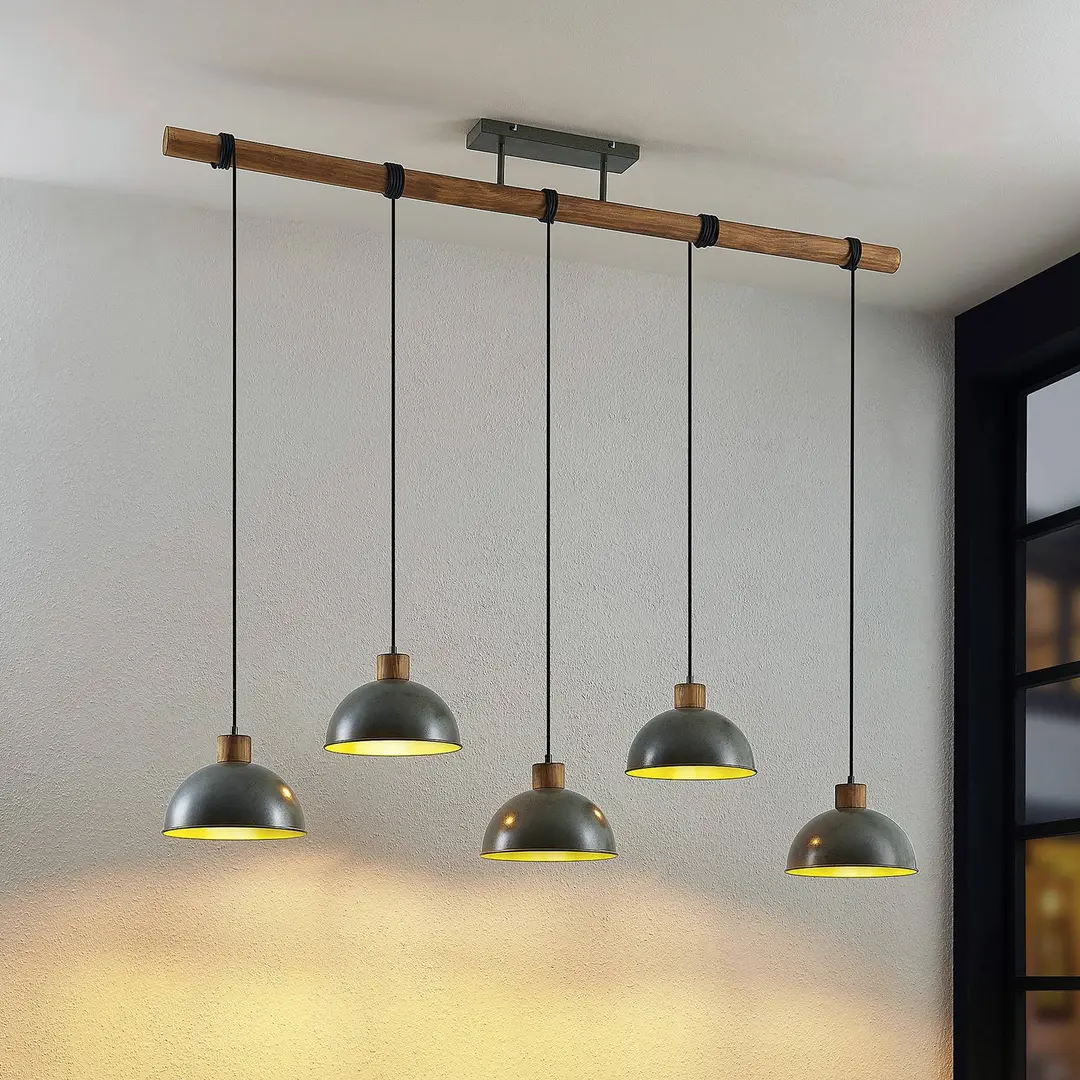 Lindby Hängelampe Durbis, 149 cm, 5-flg., gunmetal, Holz