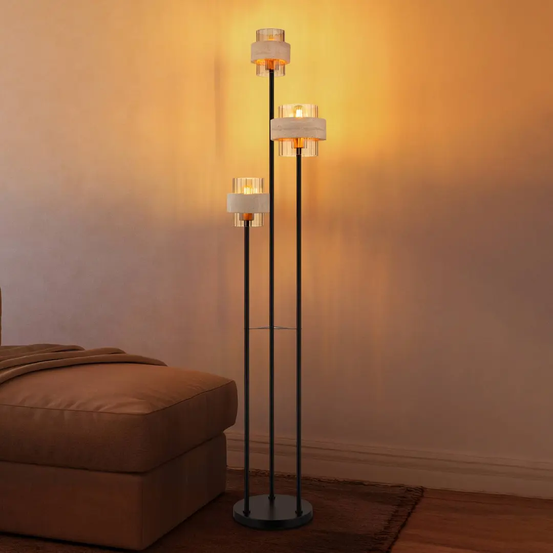 Globo Stehlampe Daren, beige/amber/schwarz, 167 cm, 3-flg., E27