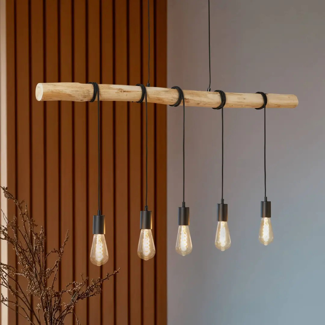 Lindby Hängeleuchte Rom, 5-flg., Holz, Seil, schwarz, 116 cm