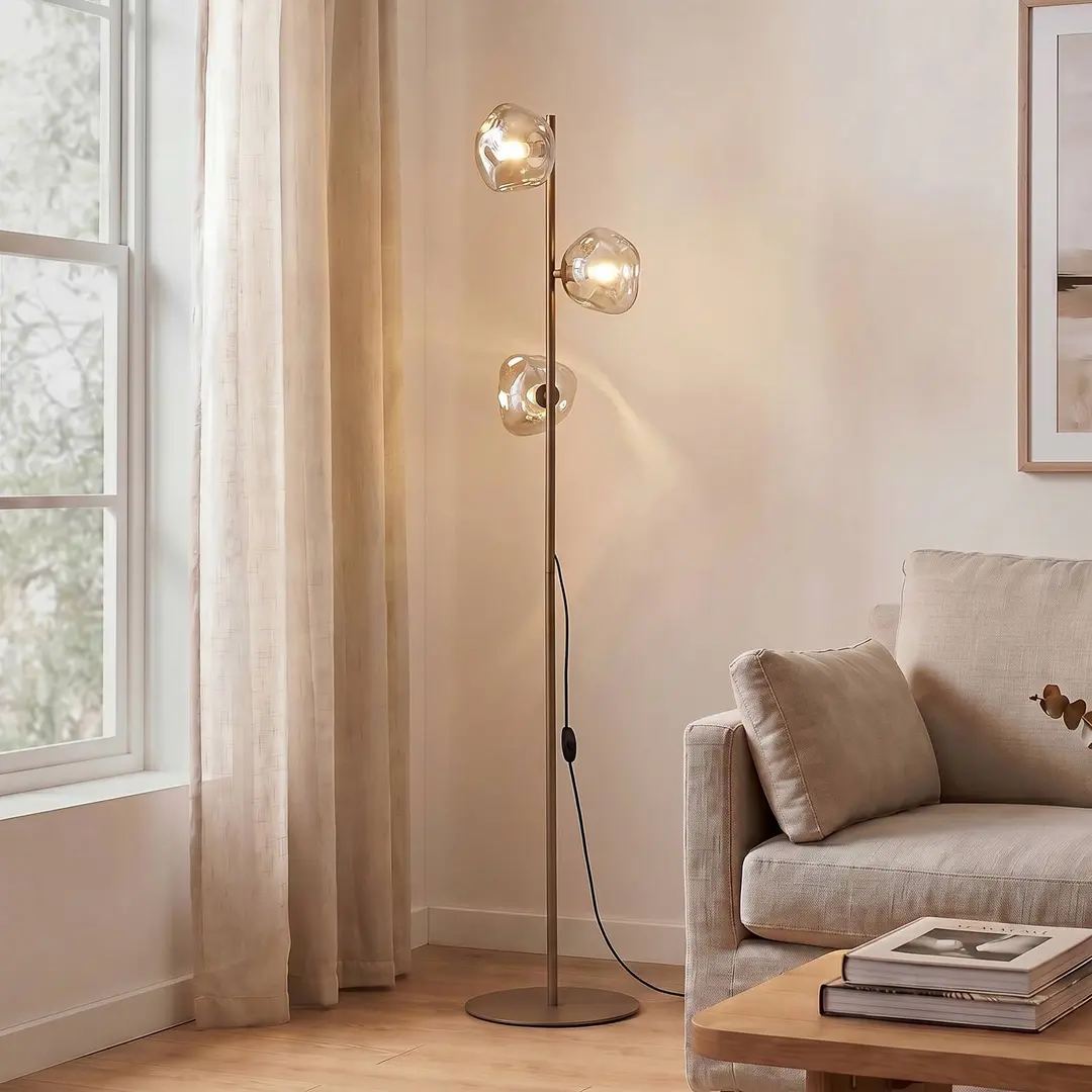 TK Lighting Stehlampe Lava, sand/cognac, Glas, 151 cm, 3-flammig, G9