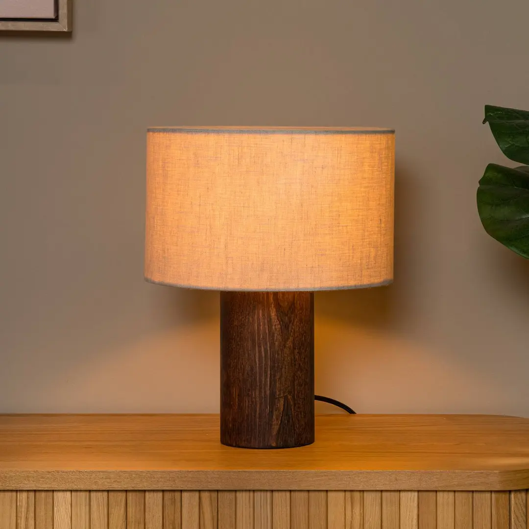 Lucide Tischlampe Tachina, Höhe 31 cm, braun/natur, Holz/Stoff