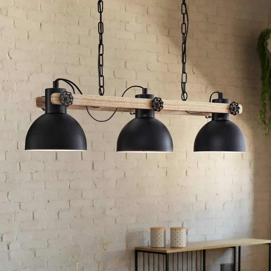 EGLO Hängelampe Lubenham, schwarz/holz hell, Länge 90 cm, 3-flg.