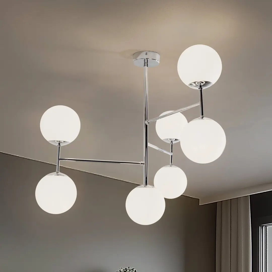 Domiluce Deckenlampe Korek, chrom/weiß, Glas, 75 cm, 7-flg., E14