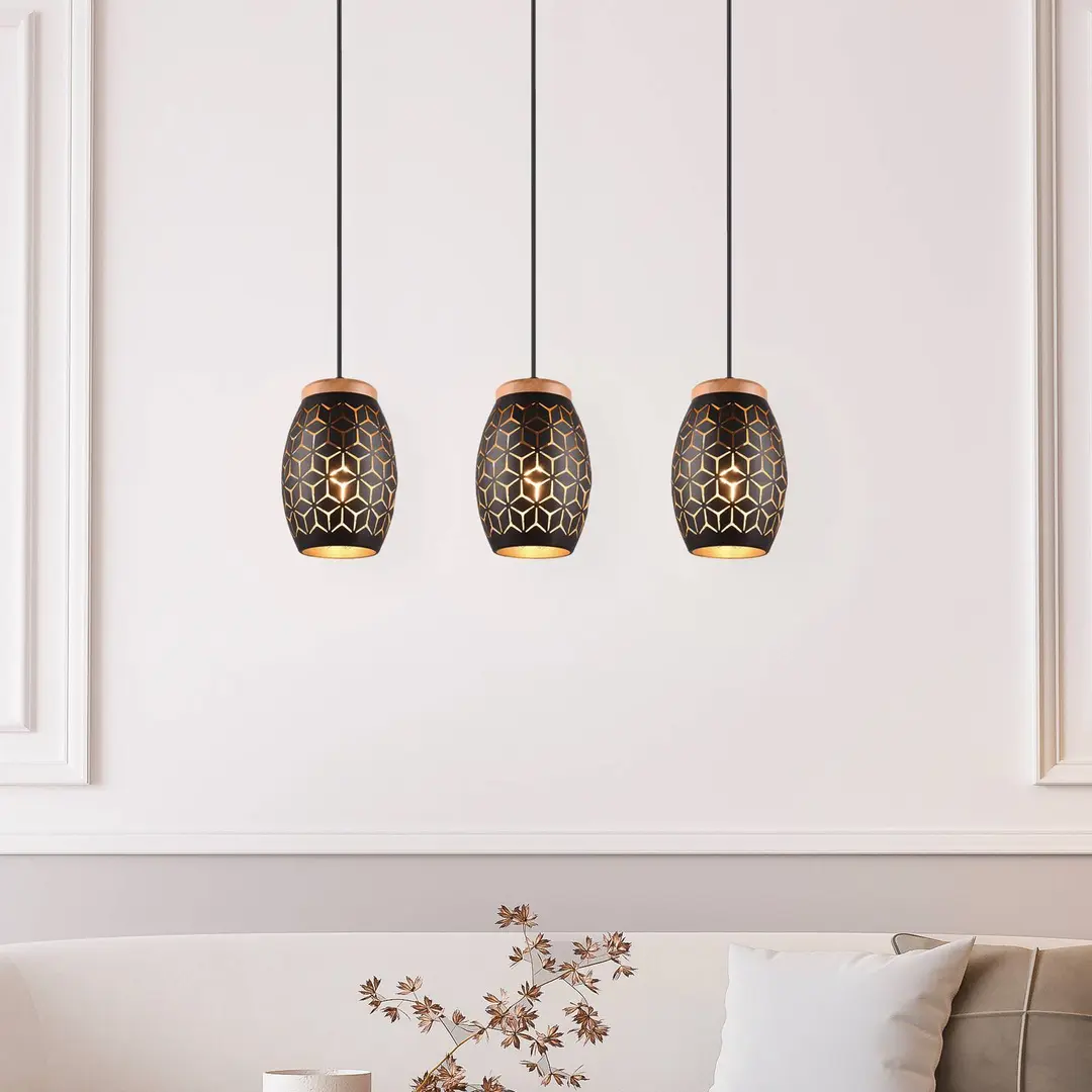 Reality Leuchten Hängelampe Bidar, Länge 71 cm, schwarz-gold, 3-flg., Metall