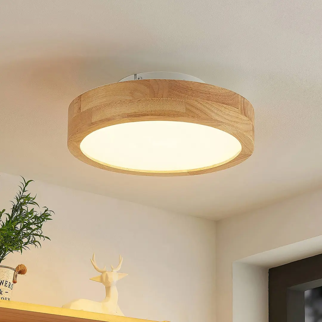 Lindby LED-Deckenlampe Lanira, Ø 30 cm, Holz, Remote, CCT