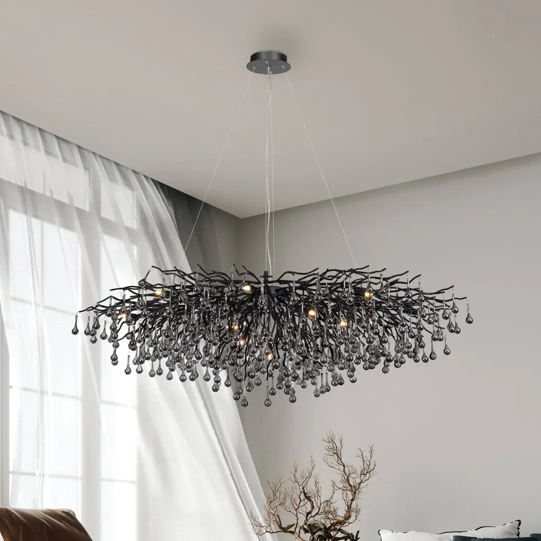 PAUL NEUHAUS Kronleuchter Icicle, schwarz, Glasbehang, Länge 150 cm