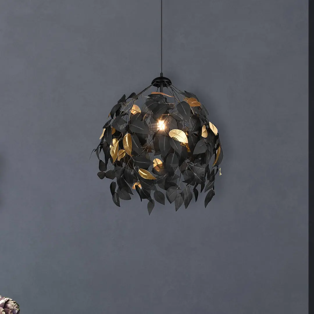 Reality Leuchten Pendellampe Leavy, schwarz/gold, Ø 38 cm, Kunststoff