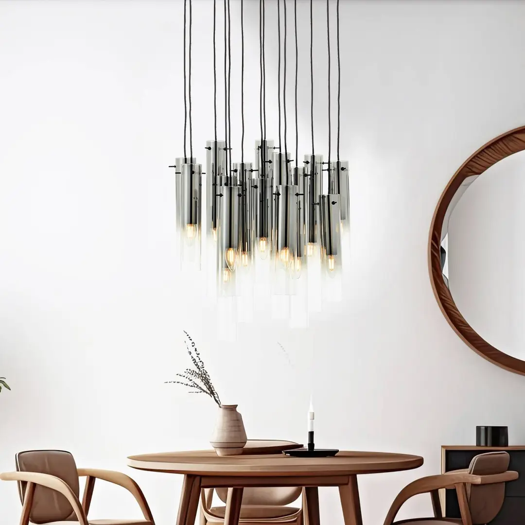 Brilliant Hängelampe Glasini, Ø 52 cm, rauchgrau, 14-flg., Glas