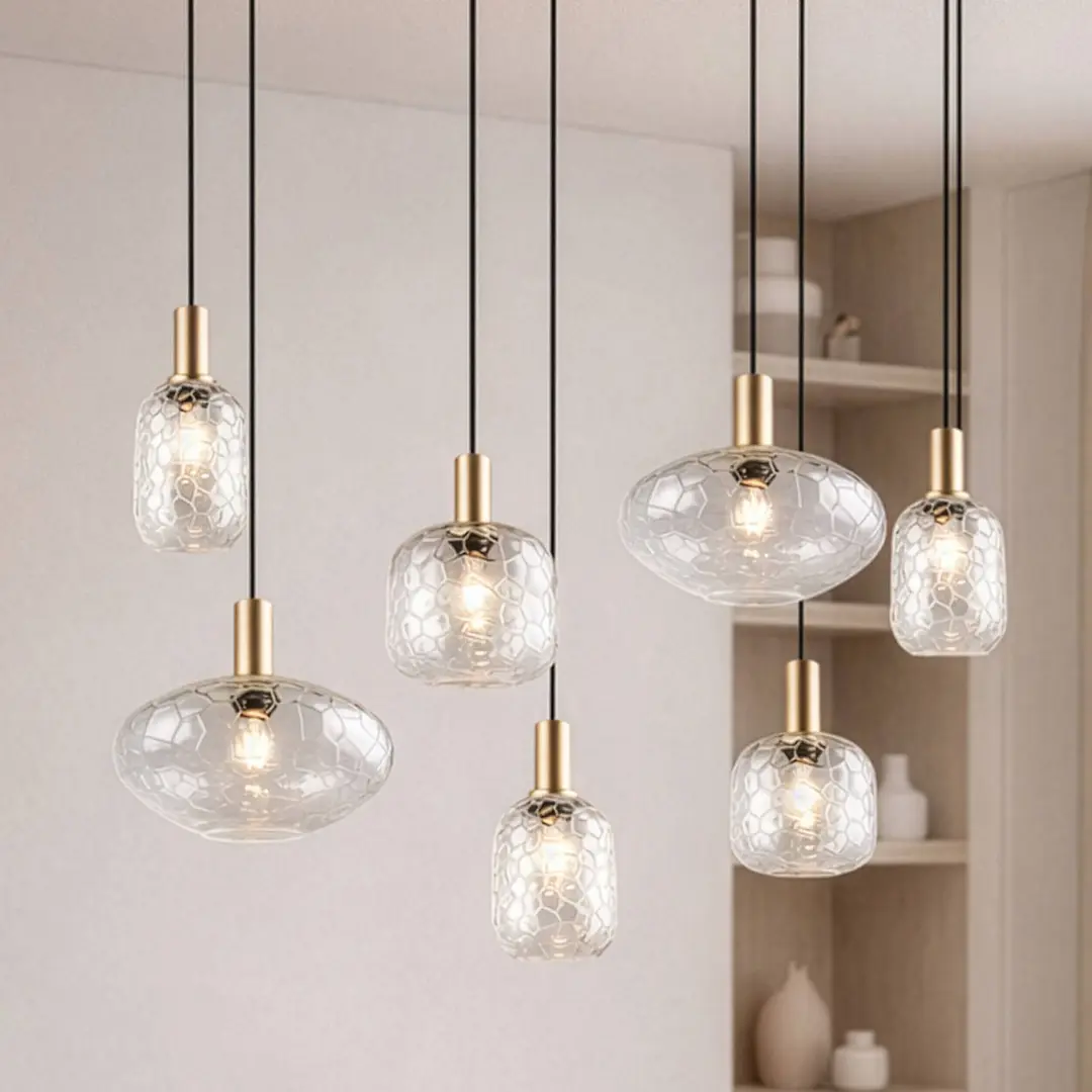 Reality Leuchten Hängelampe Emelie, 6-fl., goldfarben/klar, Metall, Glas, E27
