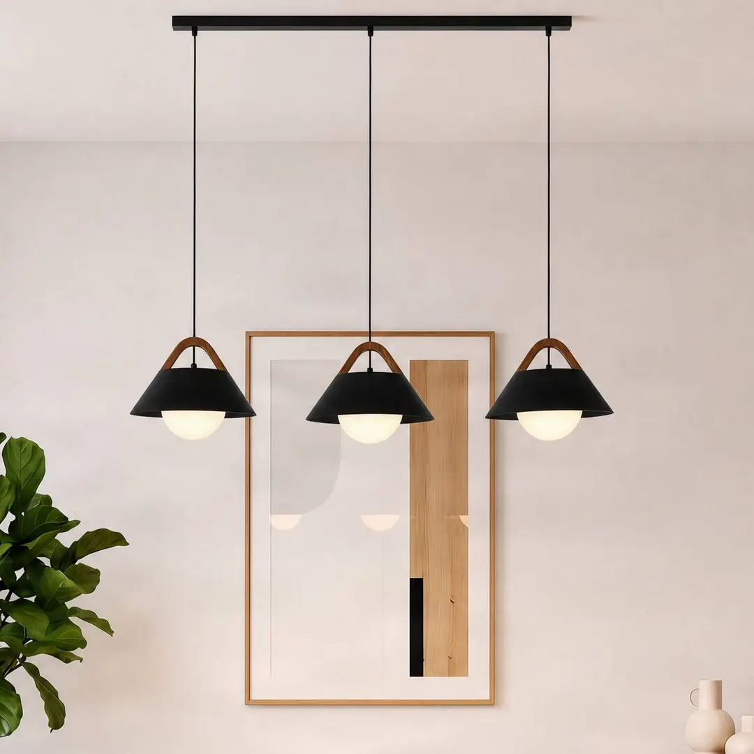 Luminex Hängelampe Funda, schwarz, Länge 110 cm, 3-flg., Metall/Glas