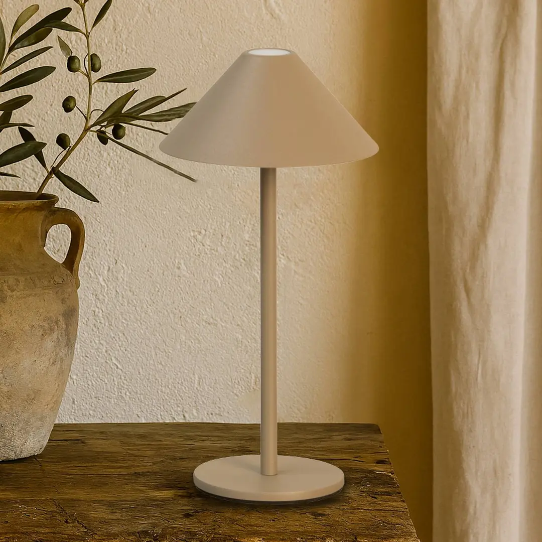 FH Lighting LED-Akku-Tischlampe Prato, greige, Höhe 25 cm Metall IP54