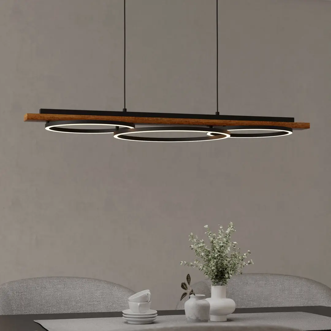 EGLO LED-Pendellampe Boyal, braun, Länge 101 cm, Holz, 3-flg.