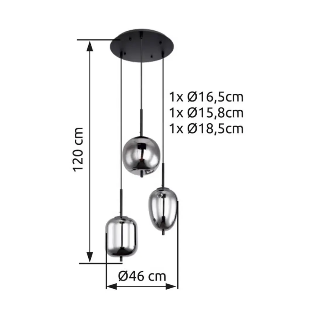 Globo Hängelampe Blacky, schwarz/rauchgrau, Ø 46 cm, Glas, 3-flg.