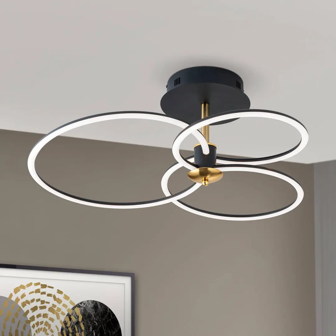 Orion LED-Deckenleuchte Charlotte, 3 Ringe, schwarz/gold