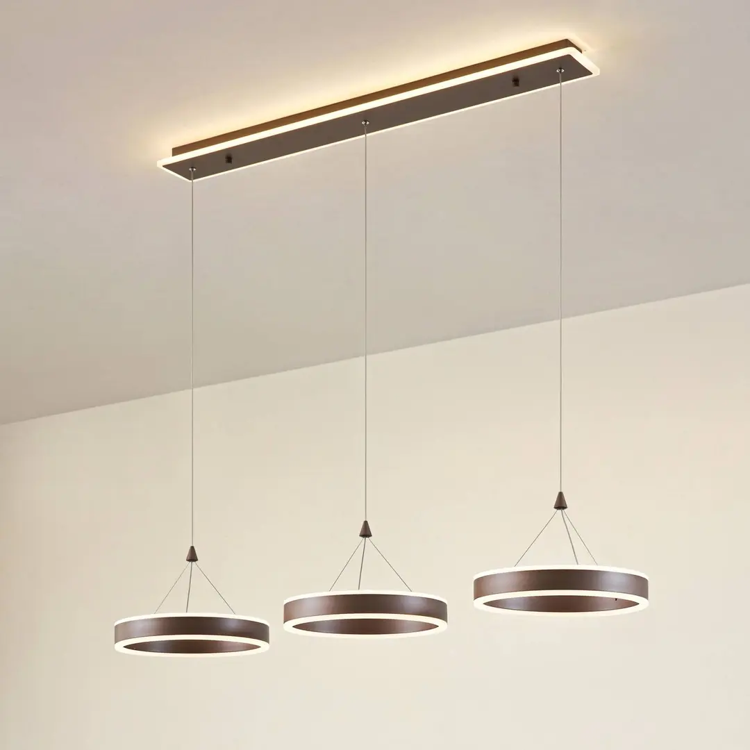 Lucande LED-Hängelampe Kolo, 114 cm, 3-flg., braun, dimmbar