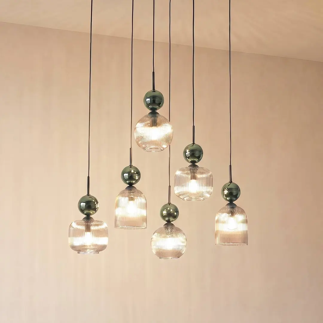 TK Lighting Hängelampe Sophia, 6-flammig, cognac/grün, 65 cm lang, E14
