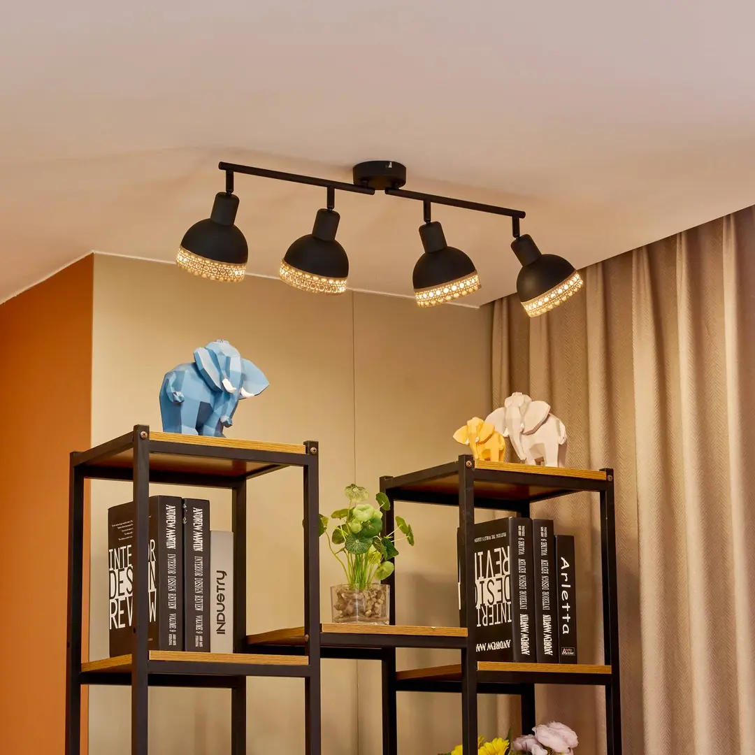 Lindby Lonnaris Strahler, Rattan, schwarz, 4-fl.