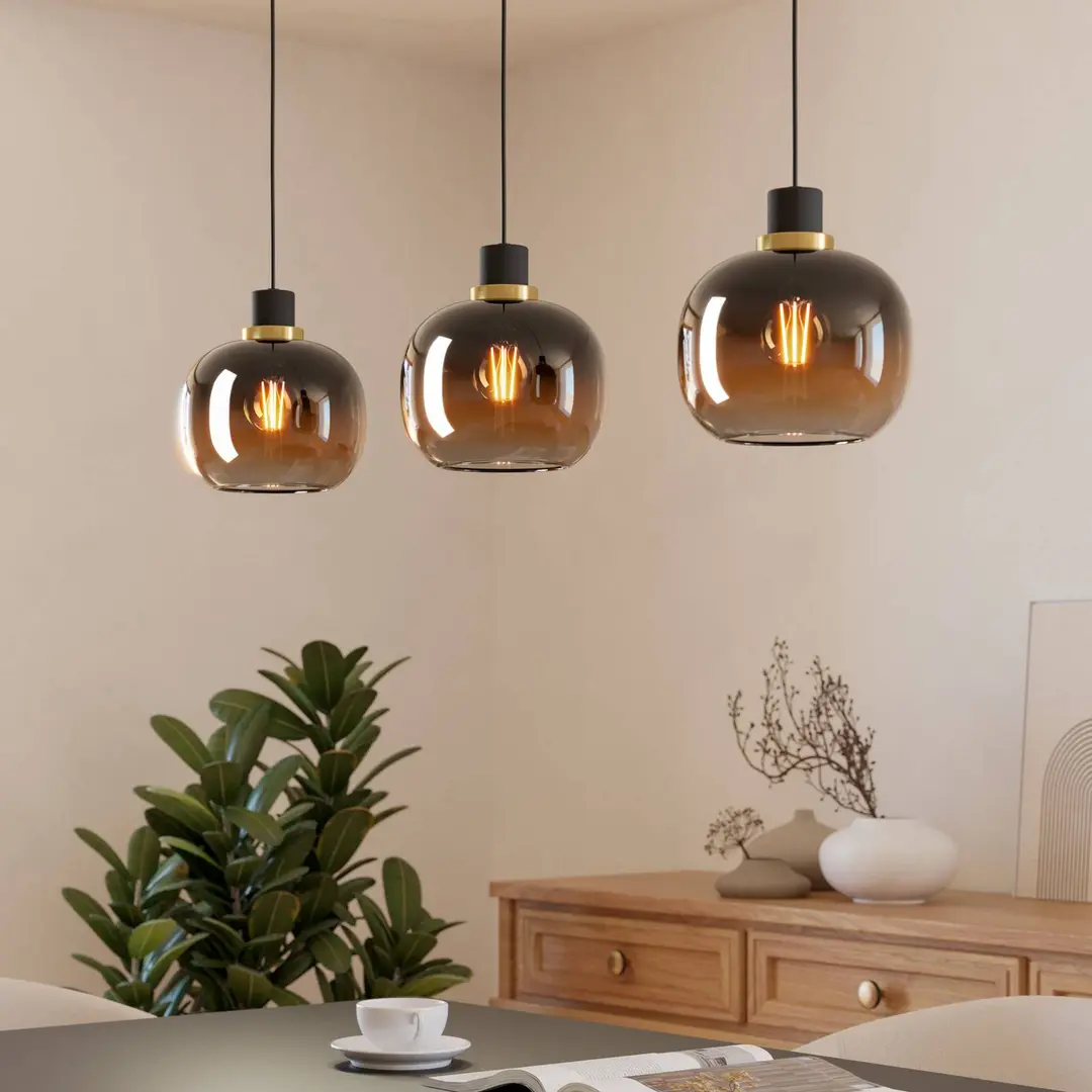 EGLO Hängelampe Oilella, schwarz-braun, Länge 95 cm, Glas, 3-flg.