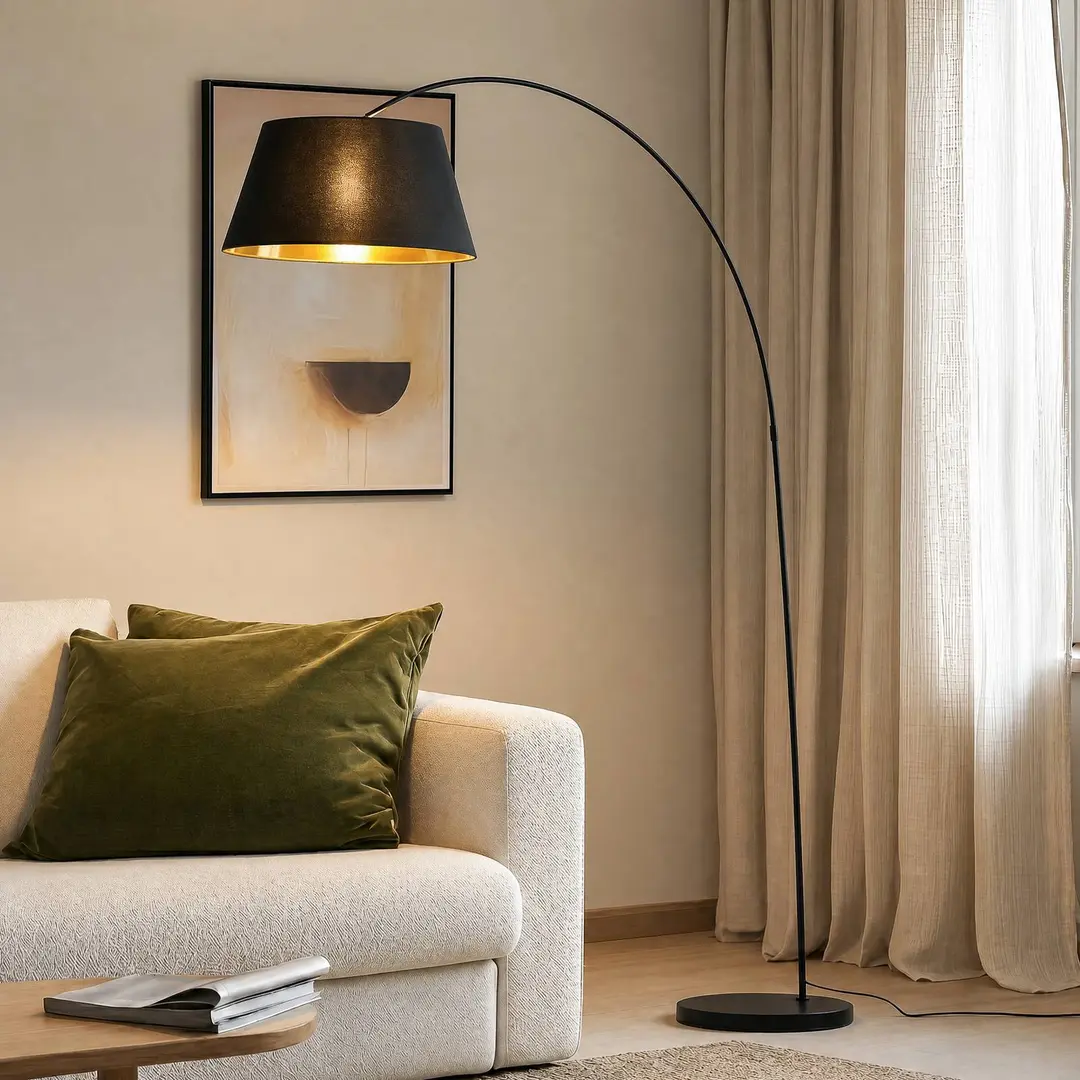 Lindby Stehleuchte Esti, schwarz/gold, Stoff, Höhe 199cm