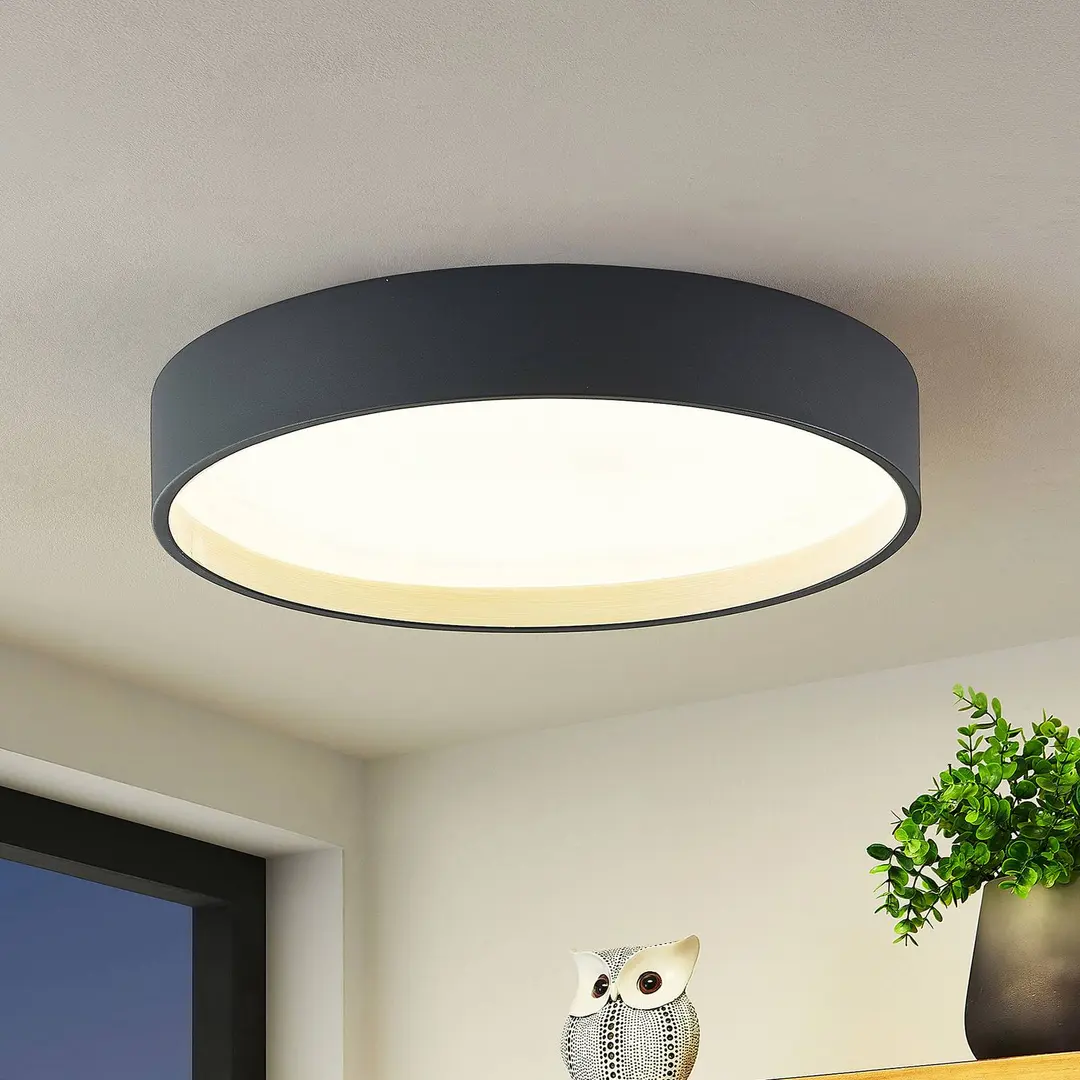 Lindby LED-Deckenleuchte Todor, 50 cm, anthrazit, CCT, Holz