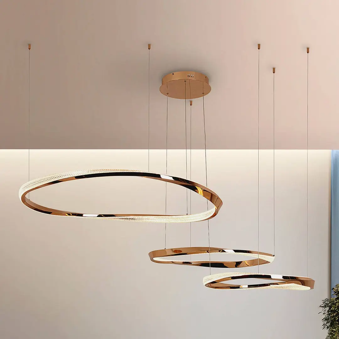 Schuller Valencia LED-Hängelampe Orbitas, Länge 185 cm, goldfarben, Metall