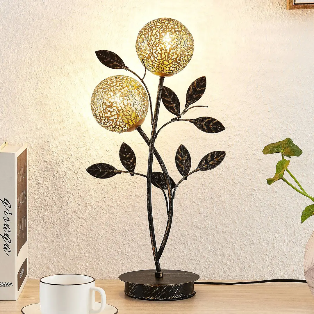 Lucande Tischleuchte Evory, 48 cm, 2-flg., schwarz/gold, G9