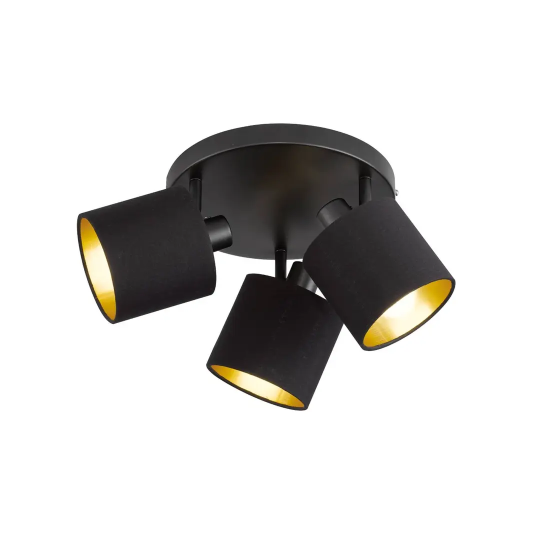 Reality Leuchten Deckenstrahler Tommy, schwarz/gold, Ø 25 cm, 3-flg., Stoff