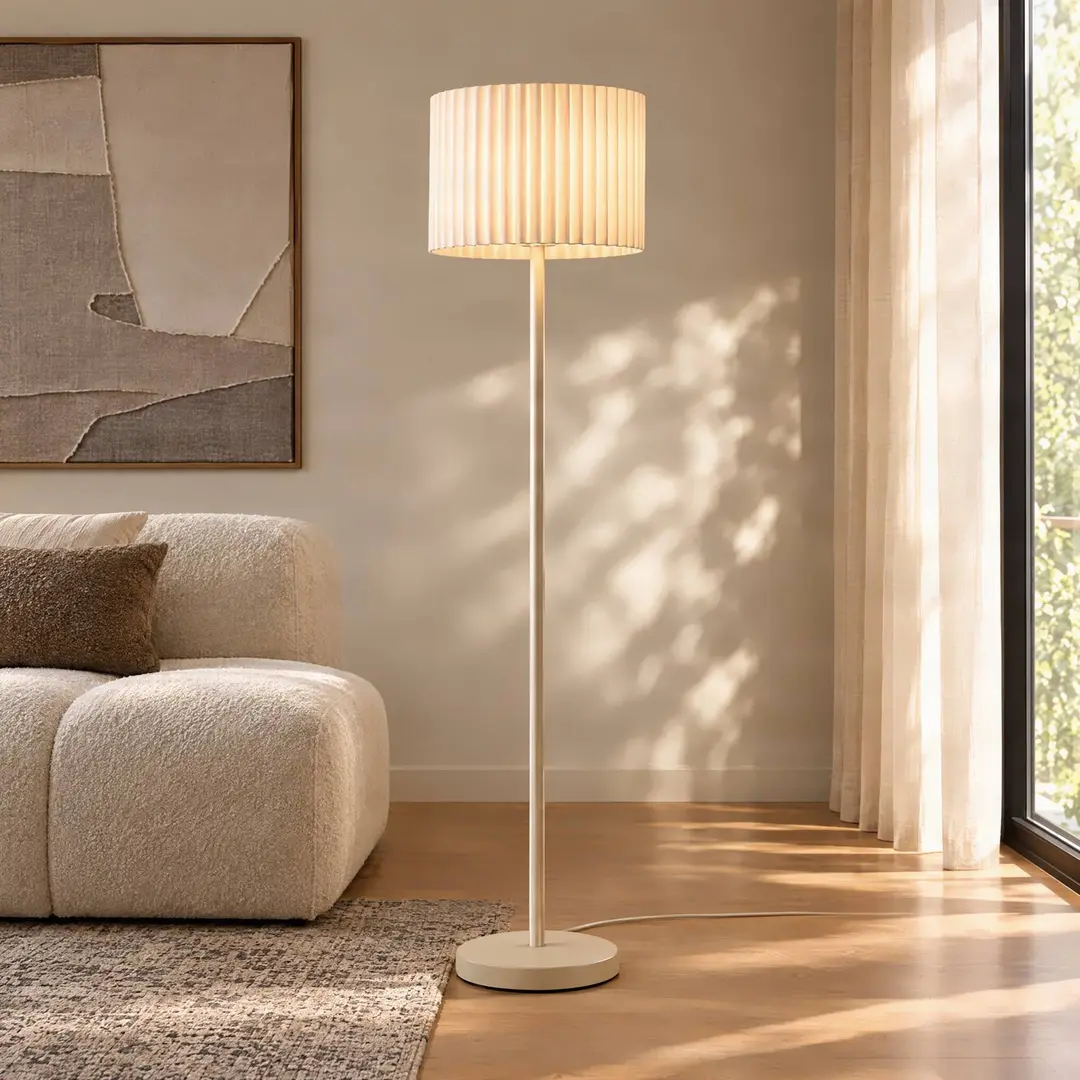 Lindby Stehleuchte Libbie, beige, Höhe 150 cm, Leinen, E27
