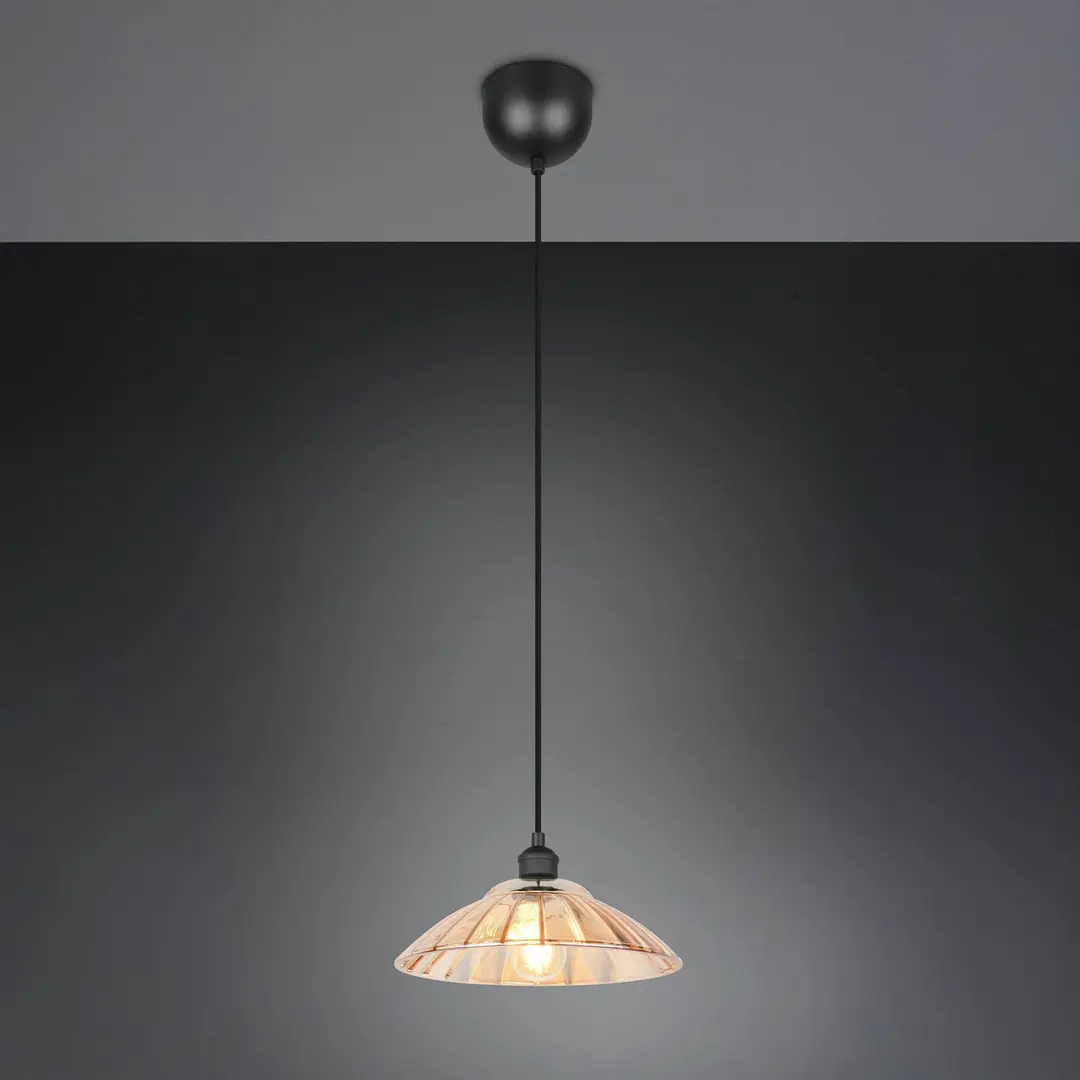 Reality Leuchten Hängelampe Eluna, amber/schwarz, Ø 30 cm, Glas/Metall 1-flg.